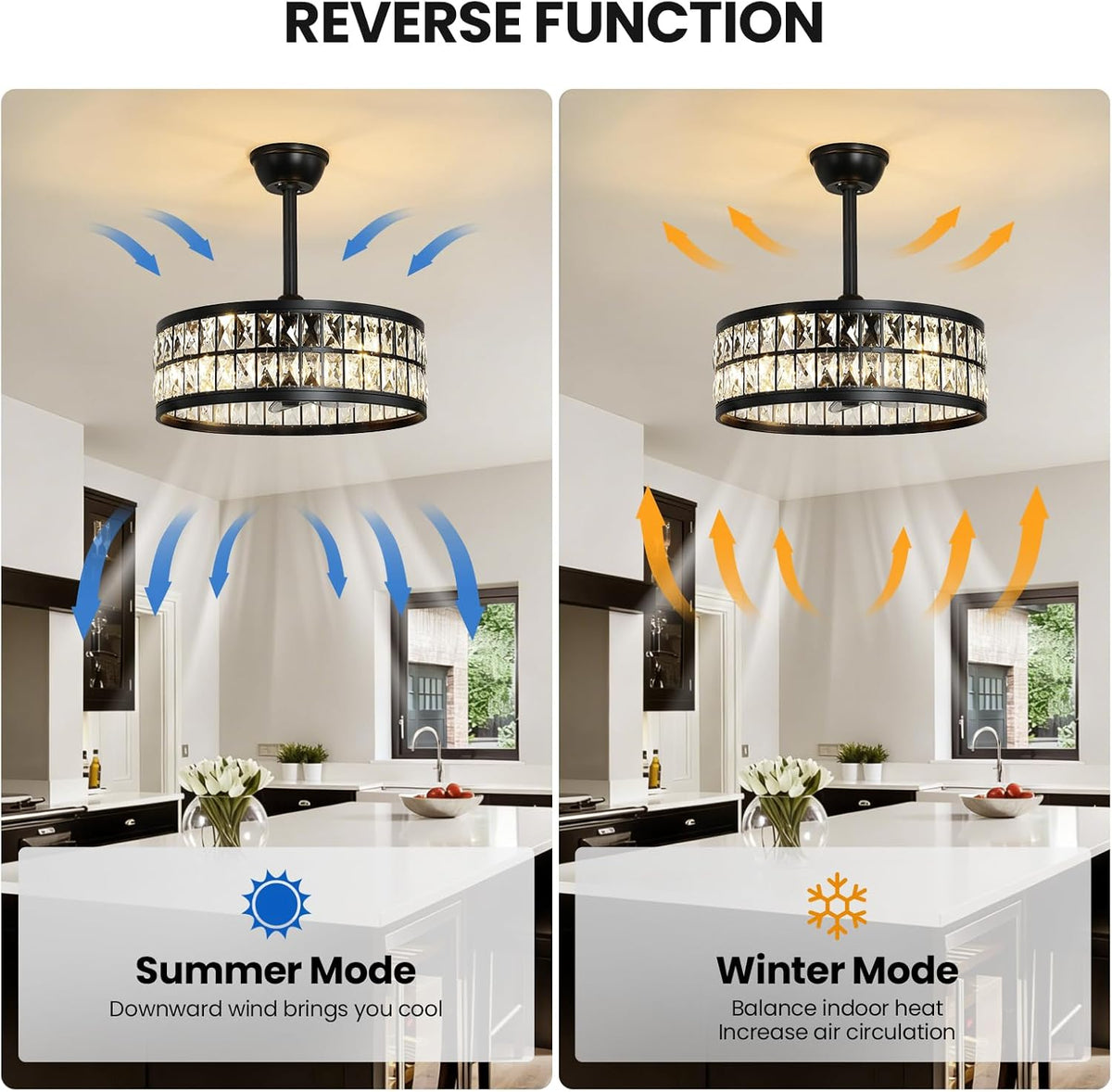 19" Black Flush Mount Caged Crystal Ceiling Fan with Light & Remote