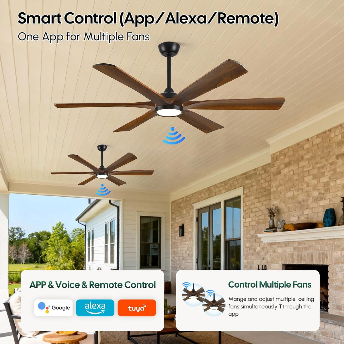 72" Wood Outdoor Smart Ceiling Fan with Light & Remote