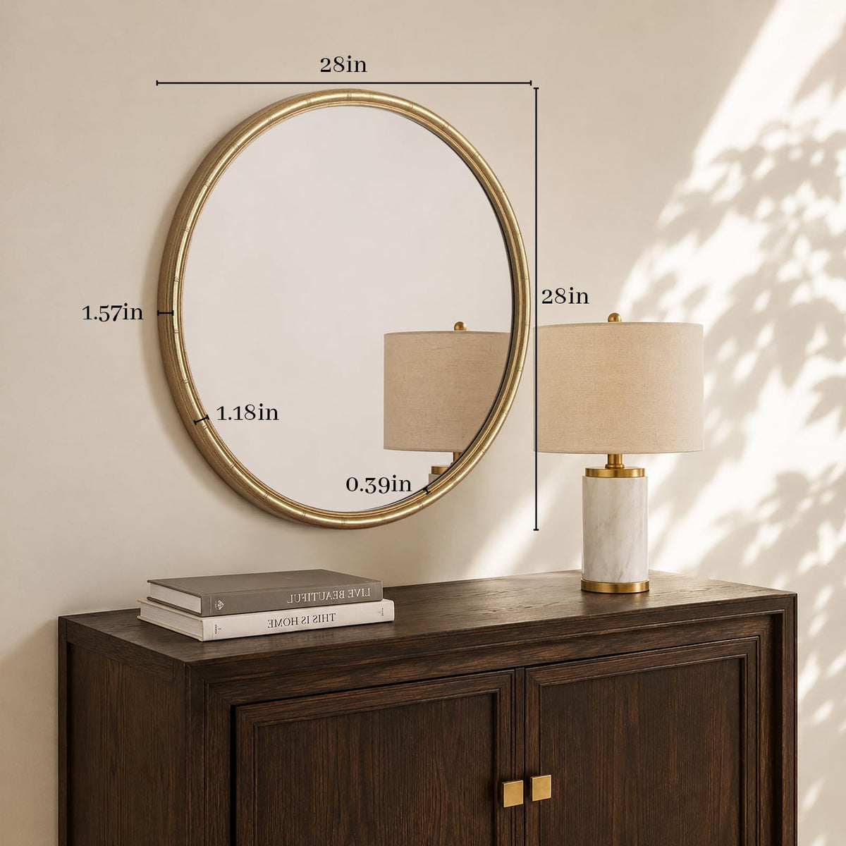 28 Inch Gold Round Wall Mirror, Circle Mirror with Bamboo Texture, Decorative Vanity Mirror