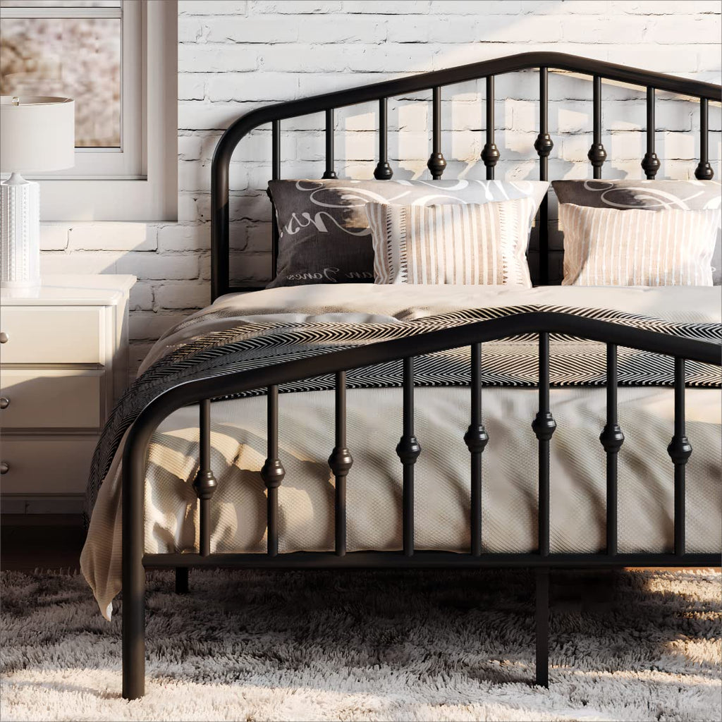 Metal Bed Frame with Wrought Iron-Art Headboard, Black