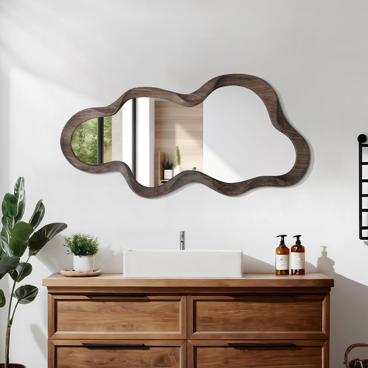 Large Asymmetrical Mirror, Wall Wood Frame Irregular Cloud Wavy Mirror