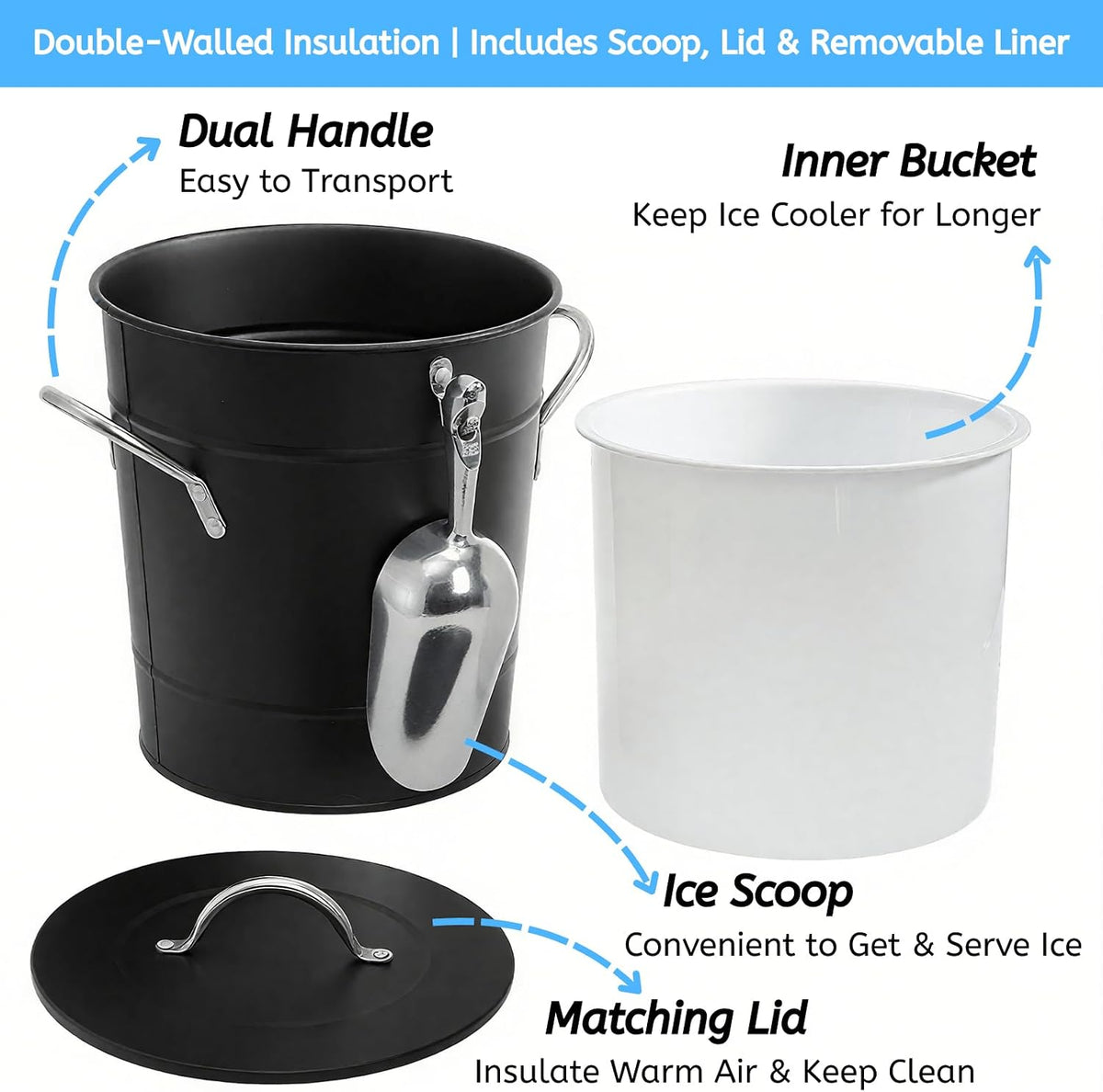 4L Ice Bucket with Scoop and Lid, Double Walled Insulated Wine Bucket Chiller with Carry Handles, Beverage Tub