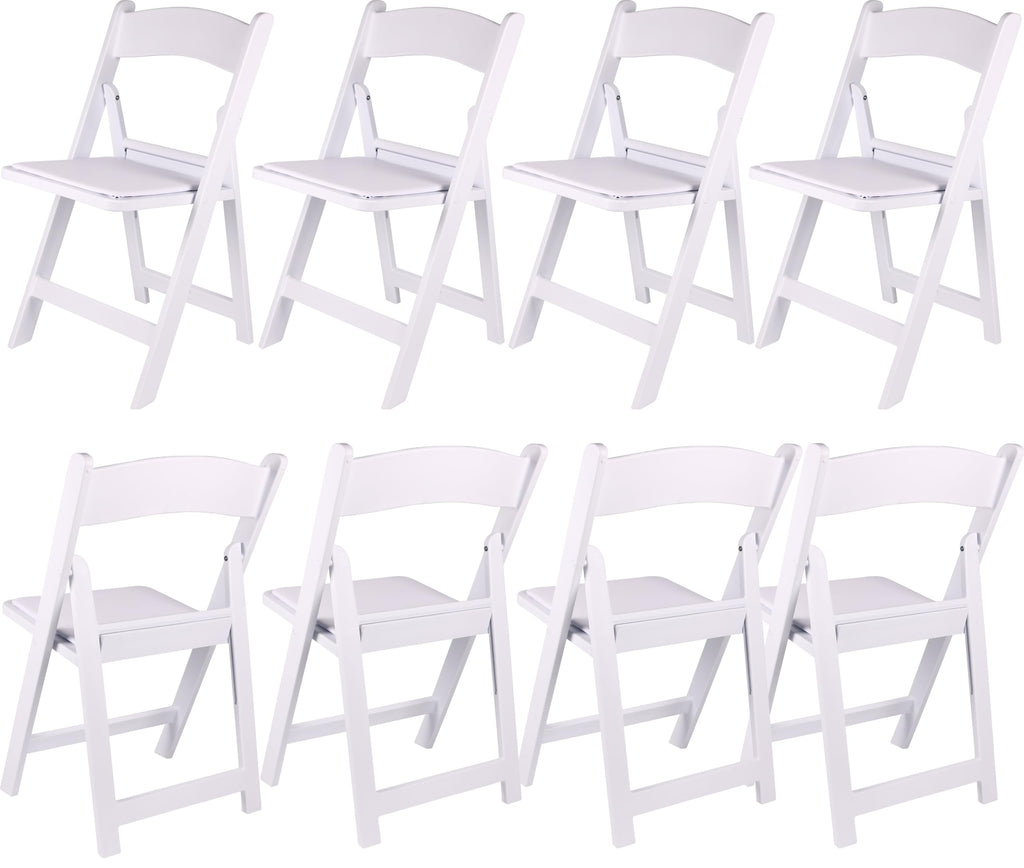 Set of 8 White Resin Folding Chairs with Vinyl Padded Seat, Stackable Commercial Grade, Indoor Outdoor for Wedding
