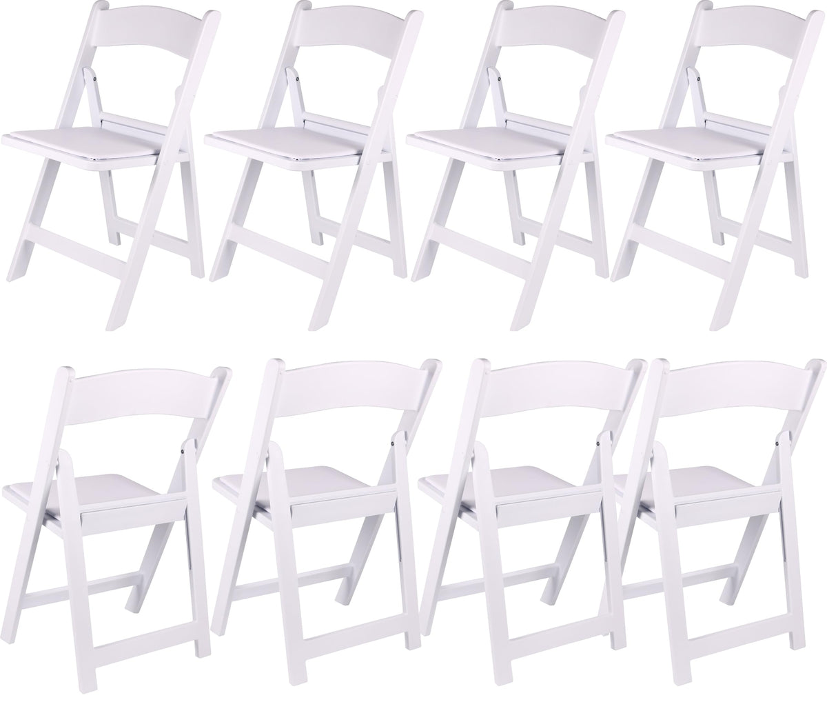 Set of 8 White Resin Folding Chairs with Vinyl Padded Seat, Stackable Commercial Grade, Indoor Outdoor for Wedding