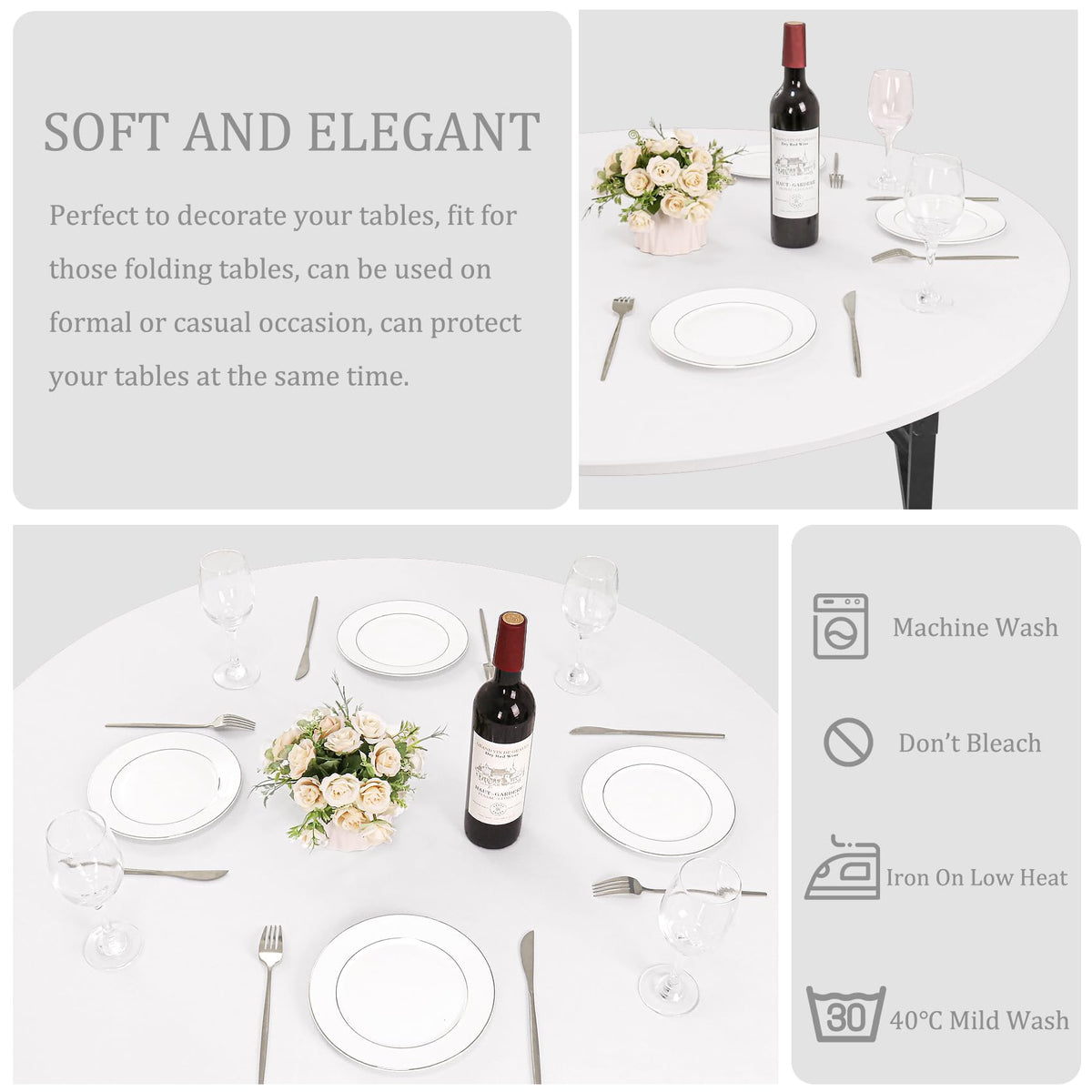 4-Piece Set Spandex Tablecloth - Round, Washable, Elastic, Fitted for 6-Foot Round Tables, Indoor/Outdoor Use (White)