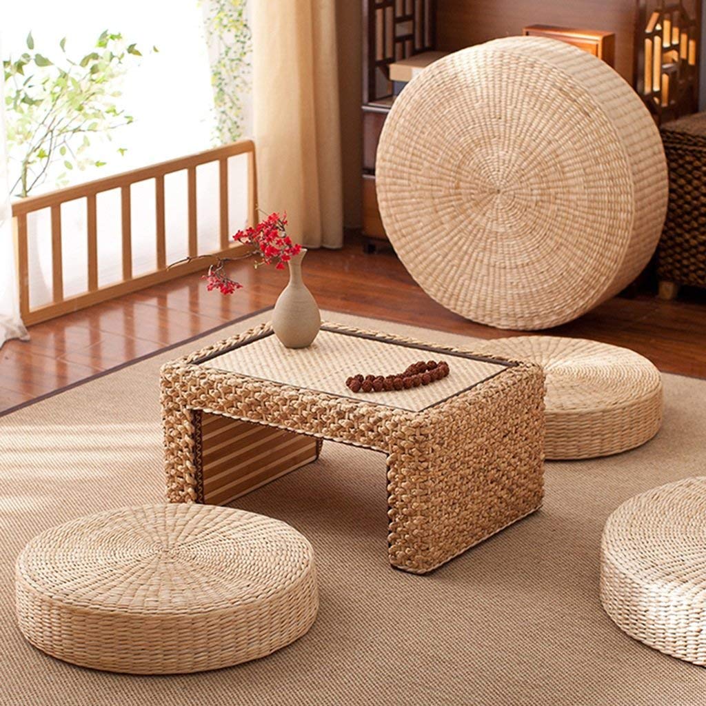 2 Pack Tatami Floor Pillow Sitting Cushion Bigger Size, Round Padded Room Floor Straw Mat for Outdoor Seat (Dia: 19.7)
