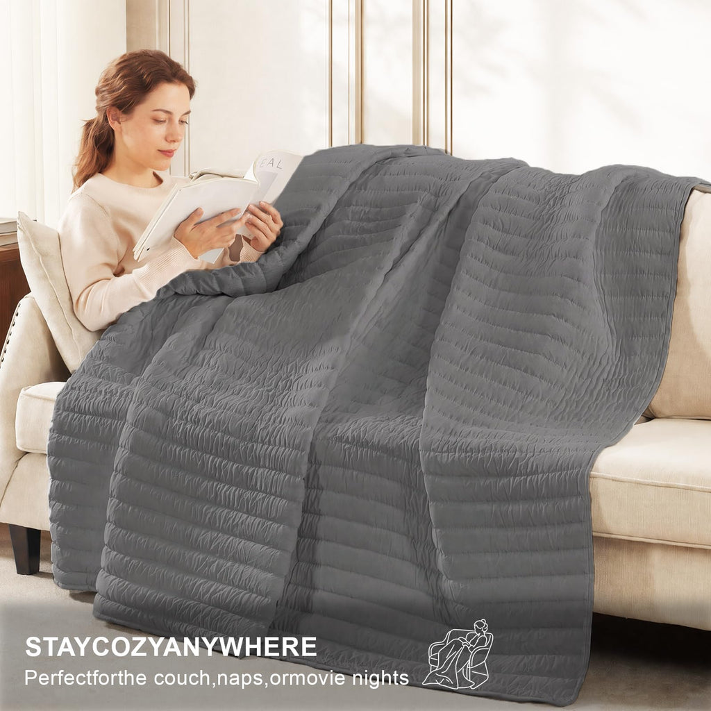 Striped Stitched Quilt Set +2 Pillow Shams, Grey Quilts