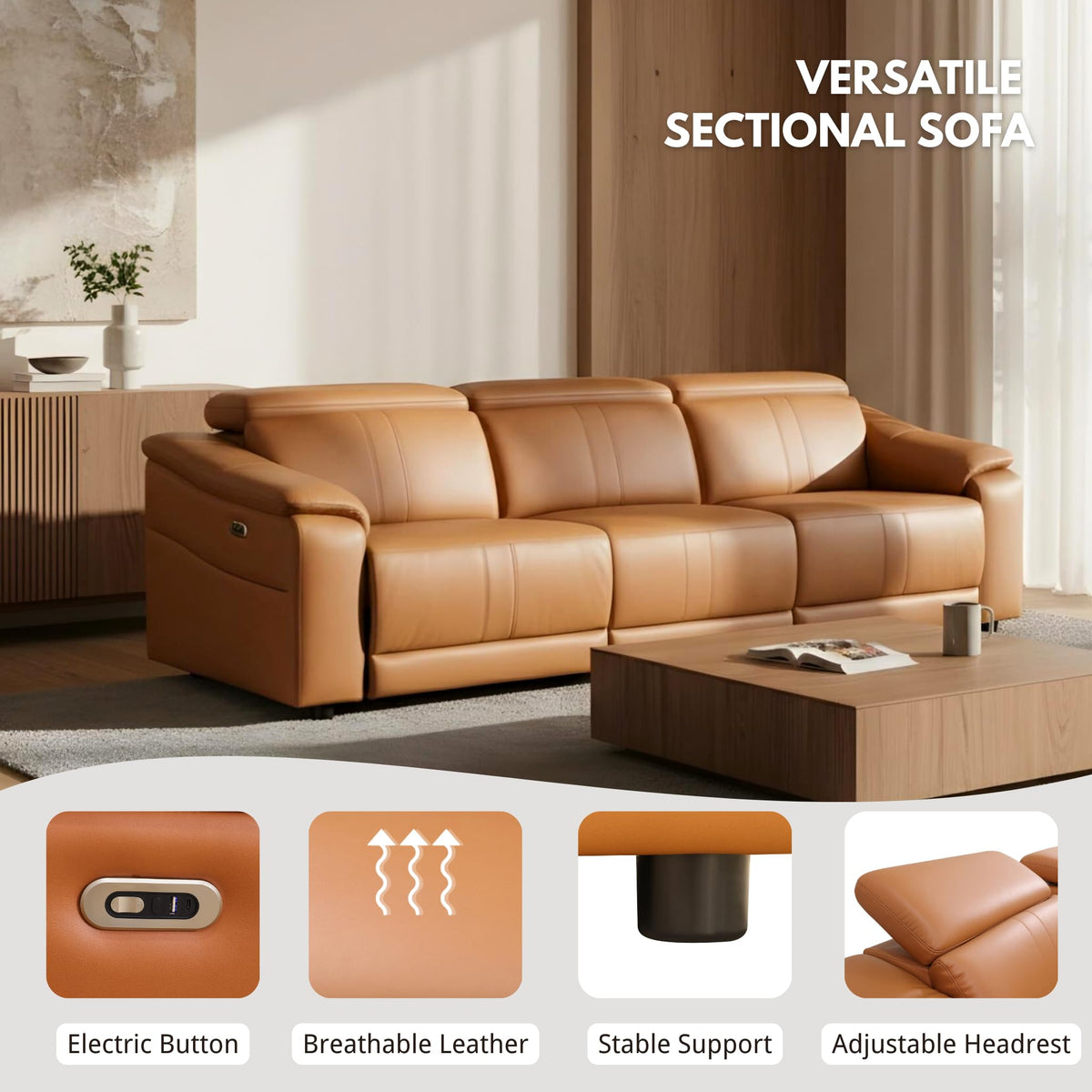 Breathing Leather Recliner Sectional Sofa, 5-Seat Power Reclining Sectional Couch with Adjustable Headrest&Storage