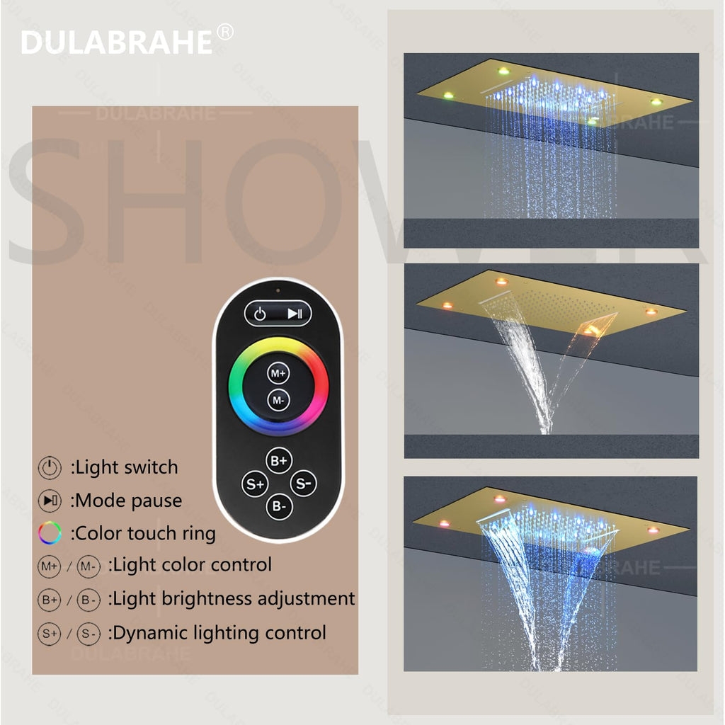 Brushed Gold LED Ceiling Rain Shower Head 14X20 Inch Bathroom Rectangle Embedded Type With Smart LED Lights Control