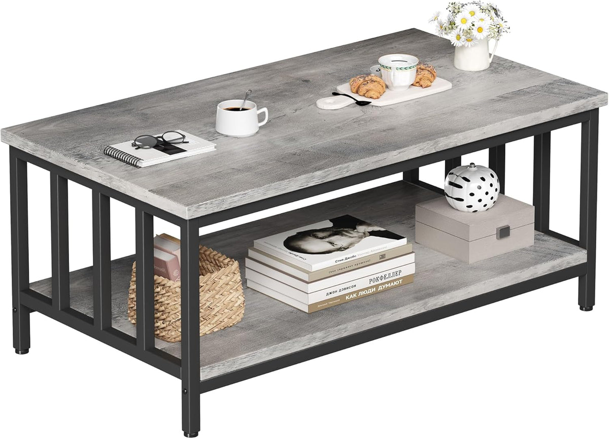 Coffee Table with Slatted Sides Frame, Modern Farmhouse Living Room Table with 2-Tier Storage Shelf, 39 ...