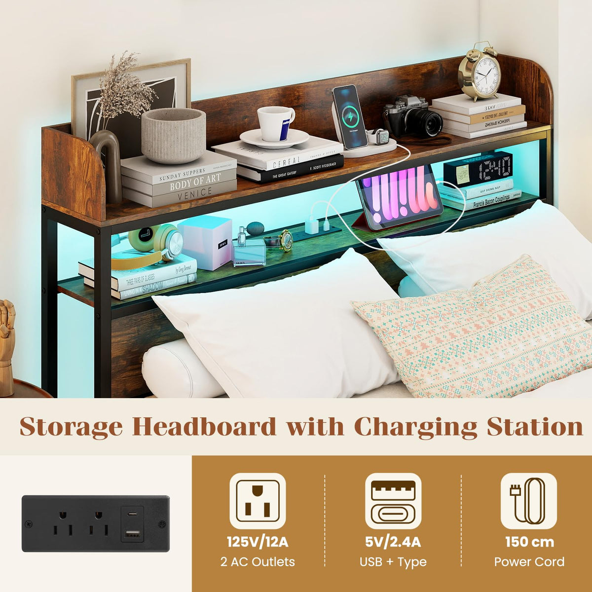 Bed Frame with Storage Headboard, Metal Platform Bed w/LED Light & Charging Station, Heavy Duty Slat