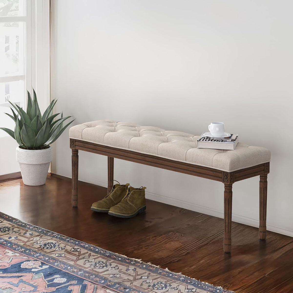 44" Bedroom Bench, Fabric End of Bed Bench, Upholstered French Tufted Ottoman Bench with Carved Dark Brown Wood Legs