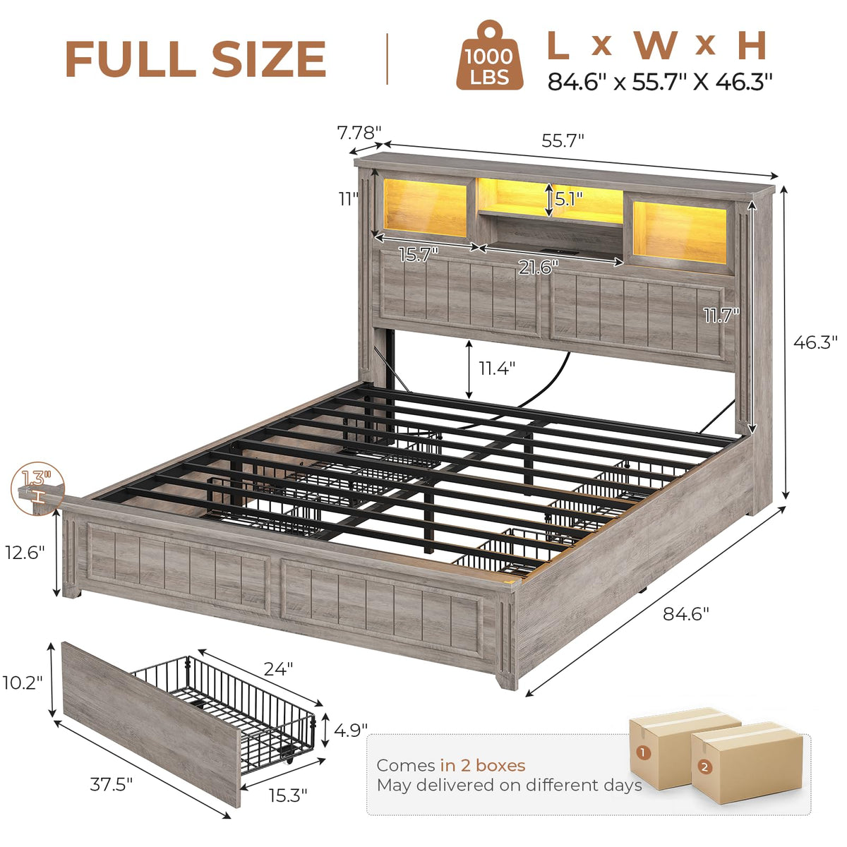 Bed Frame with Storage 4 Drawers and 3-Tier Hidden Headboard, Farmhouse Wooden Bed Frame with Acrylic