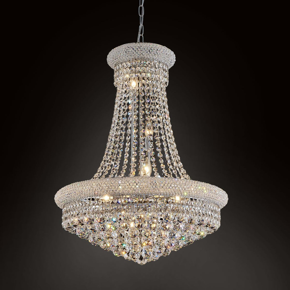 23.6-Inch Modern Crystal Empire Chandelier, Cascading Drops for Dining and Entry