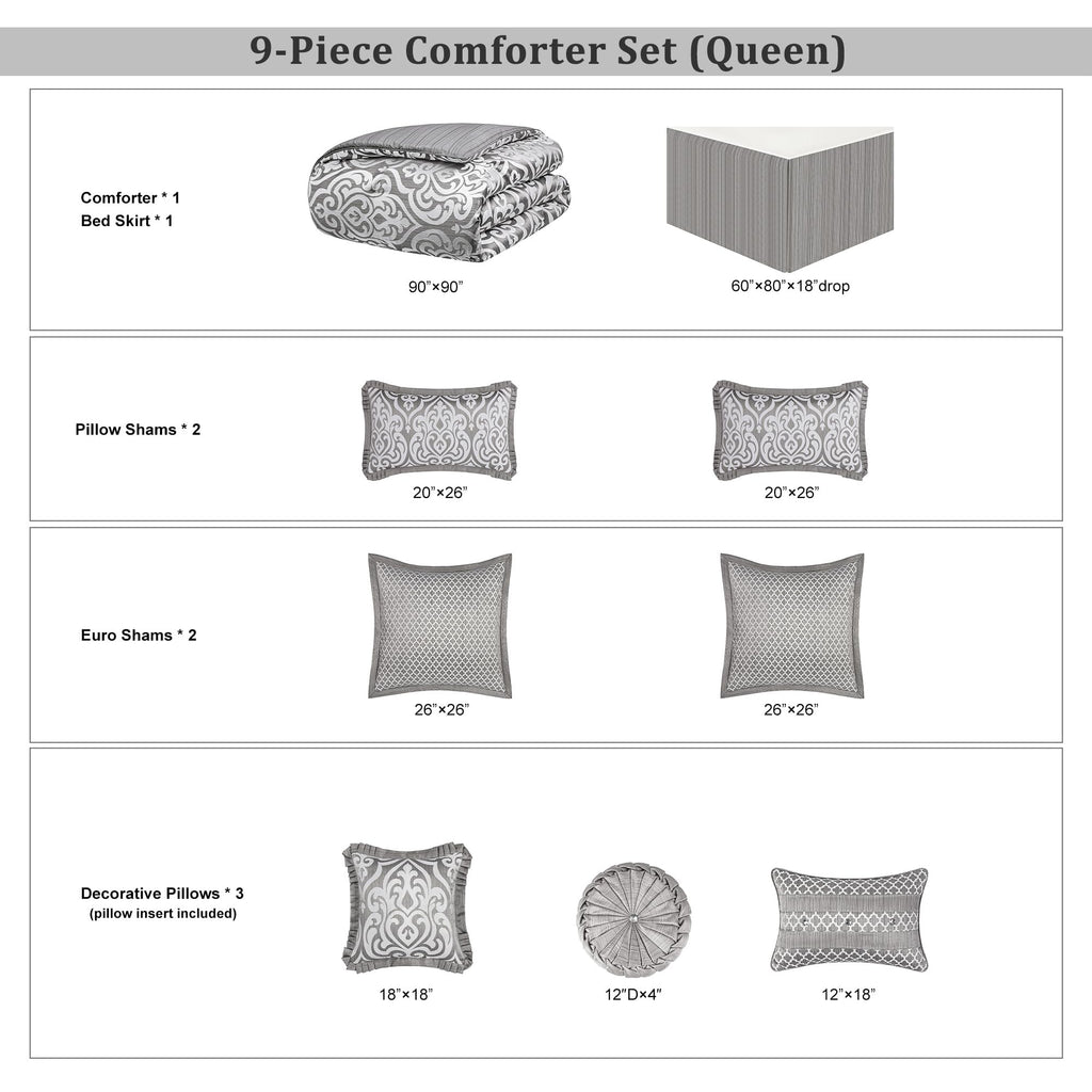 9 PCS Contemporary Jacquard Comforter Set, Silver Gray