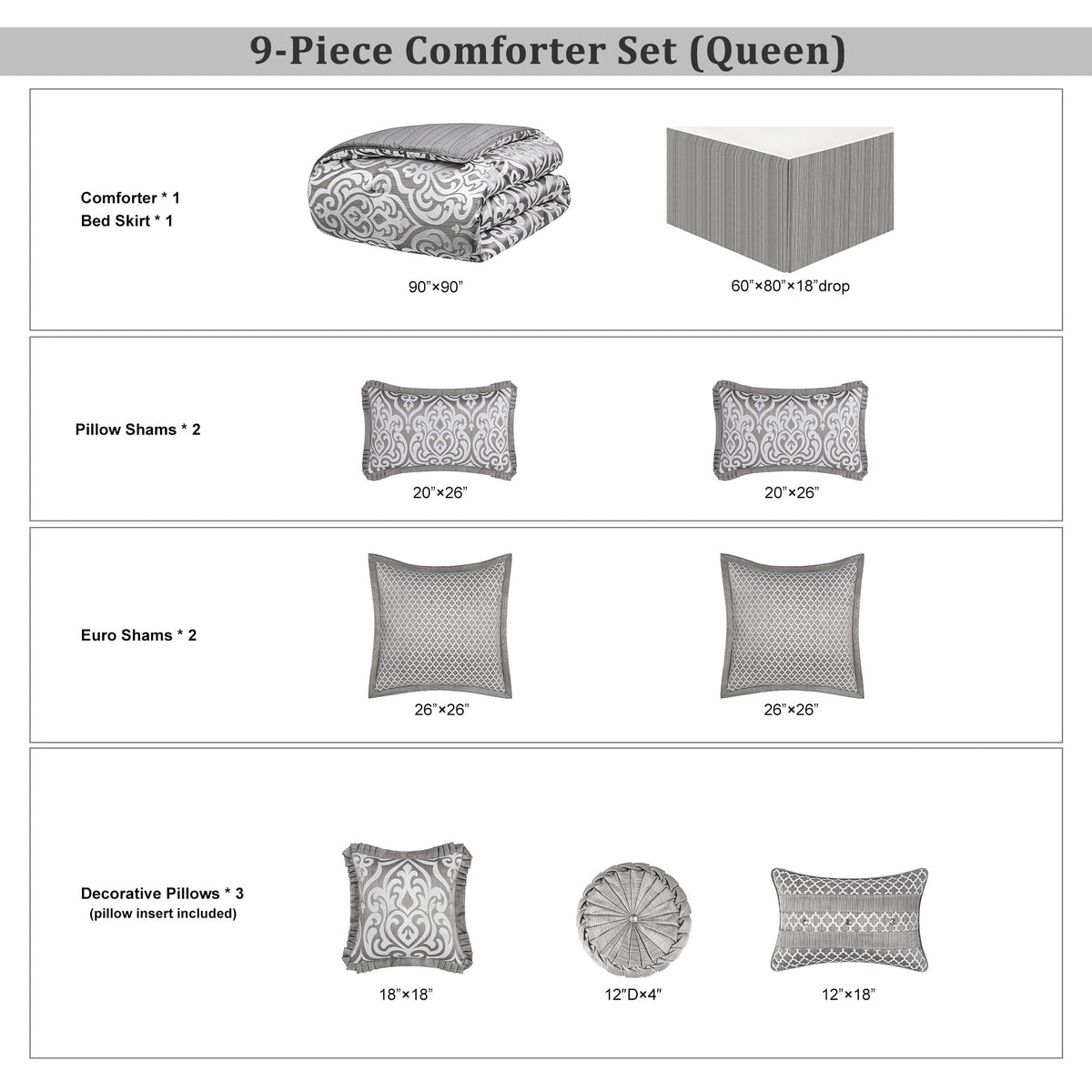 9 PCS Contemporary Jacquard Comforter Set, Silver Gray