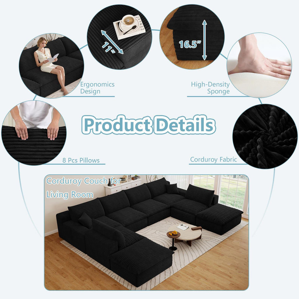 136" Oversized Cloud Sectional Couch with U-Shaped Chaise, 8-Seater Corduroy Viral Boneless Sofa, Memory Foam Couches