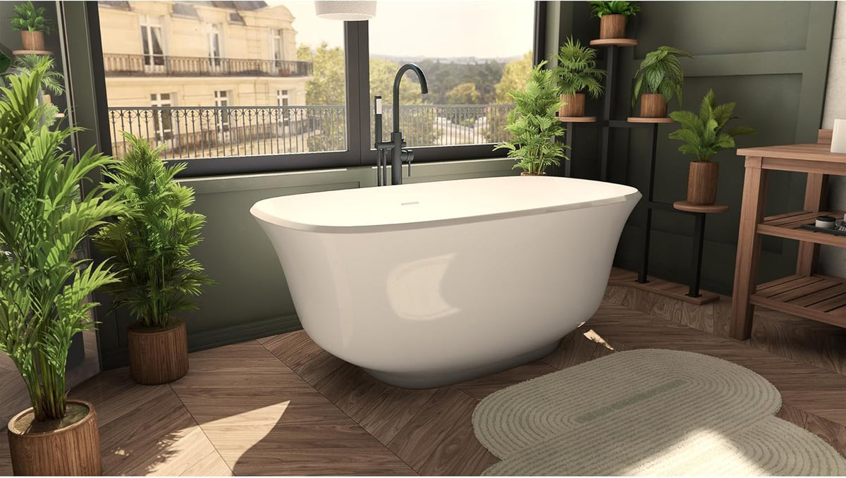 Elegance 59 in. L x 31 in. W x 23-5/8 in. H Freestanding Acrylic Bathtub, Brushed Nickel Drain