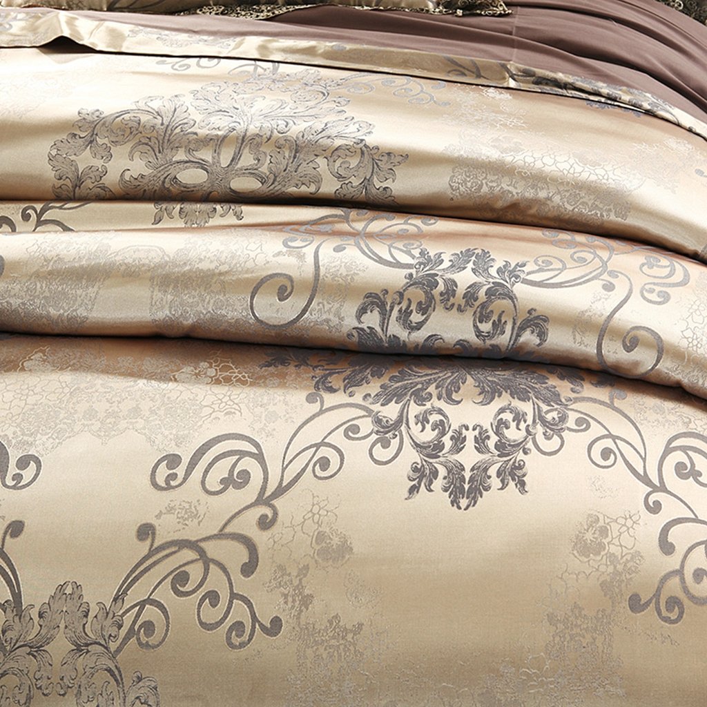 Satin Jacquard Duvet Cover Set King, Sateen Floral Lace, Gold