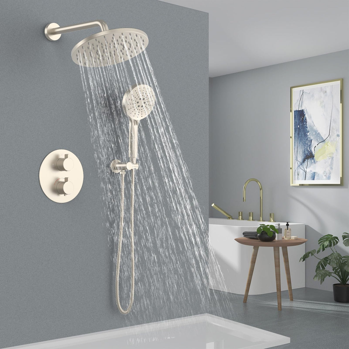 Thermostatic Shower System Wall Mount with 10 Inch Roud Rainfall Shower Head and Handheld,Shower Faucet Mixer Trim