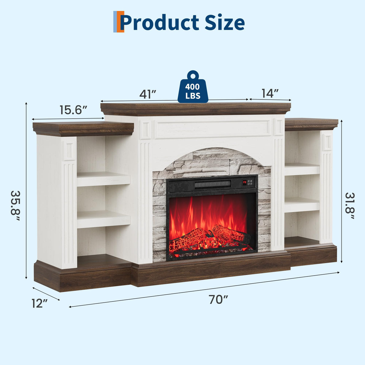 70" Farmhouse Electric Fireplace with Mantel, White and Brown