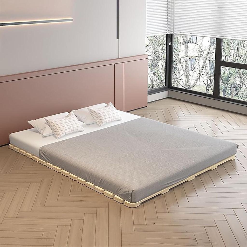 Folding Bed Frame, Natural Solid Wood, Japanese Platform Bed with Roll-Up Slatted Design, 79" L x 39.4" W, Durable