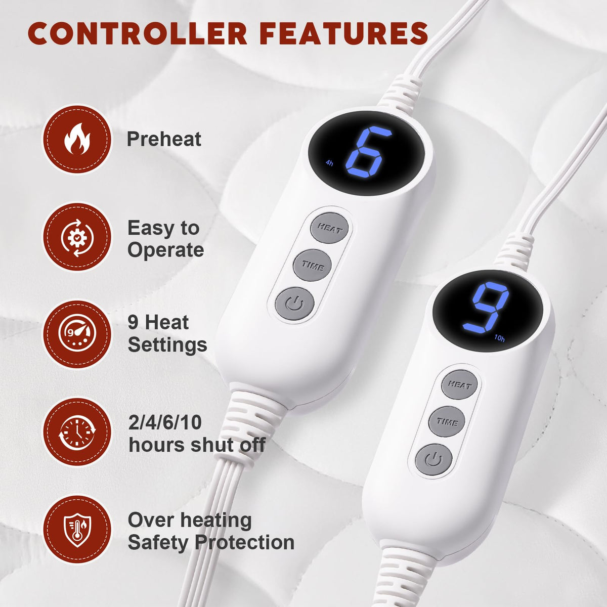 Heated Mattress Pad with Dual Control - with 9 Heating Settings Controller & 10-Hour Auto Off, Deep Pocket