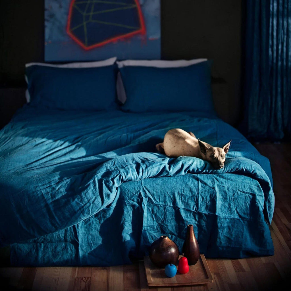 Teal Blue Linen Duvet Cover, Stonewashed Flax Bedding Midweight Natural Linen Comforter Cover