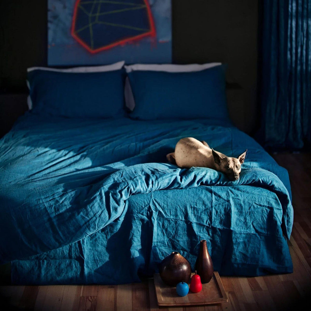 Teal Blue Linen Duvet Cover, Stonewashed Flax Bedding Midweight Natural Linen Comforter Cover