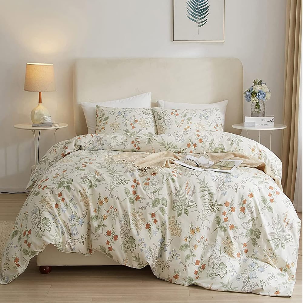 Garden Floral Duvet Cover Twin Size Cotton Bedding Comforter Cover Set with Zipper Ties, Paisley Jacquard Floral Hotel