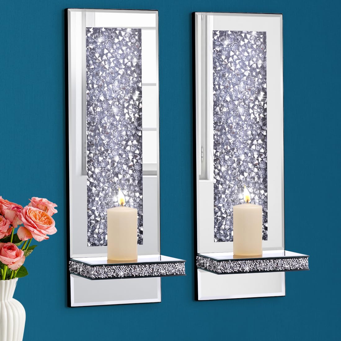 Mirrored Wall Candle Sconces Holder Set of 2, Wall Decor Living Room