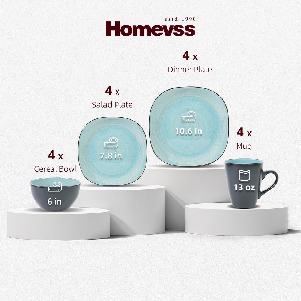 Stoneware Square 16pc Dinnerware Set, Inside Spinwaseh Swirl Turquoise + Outside Black