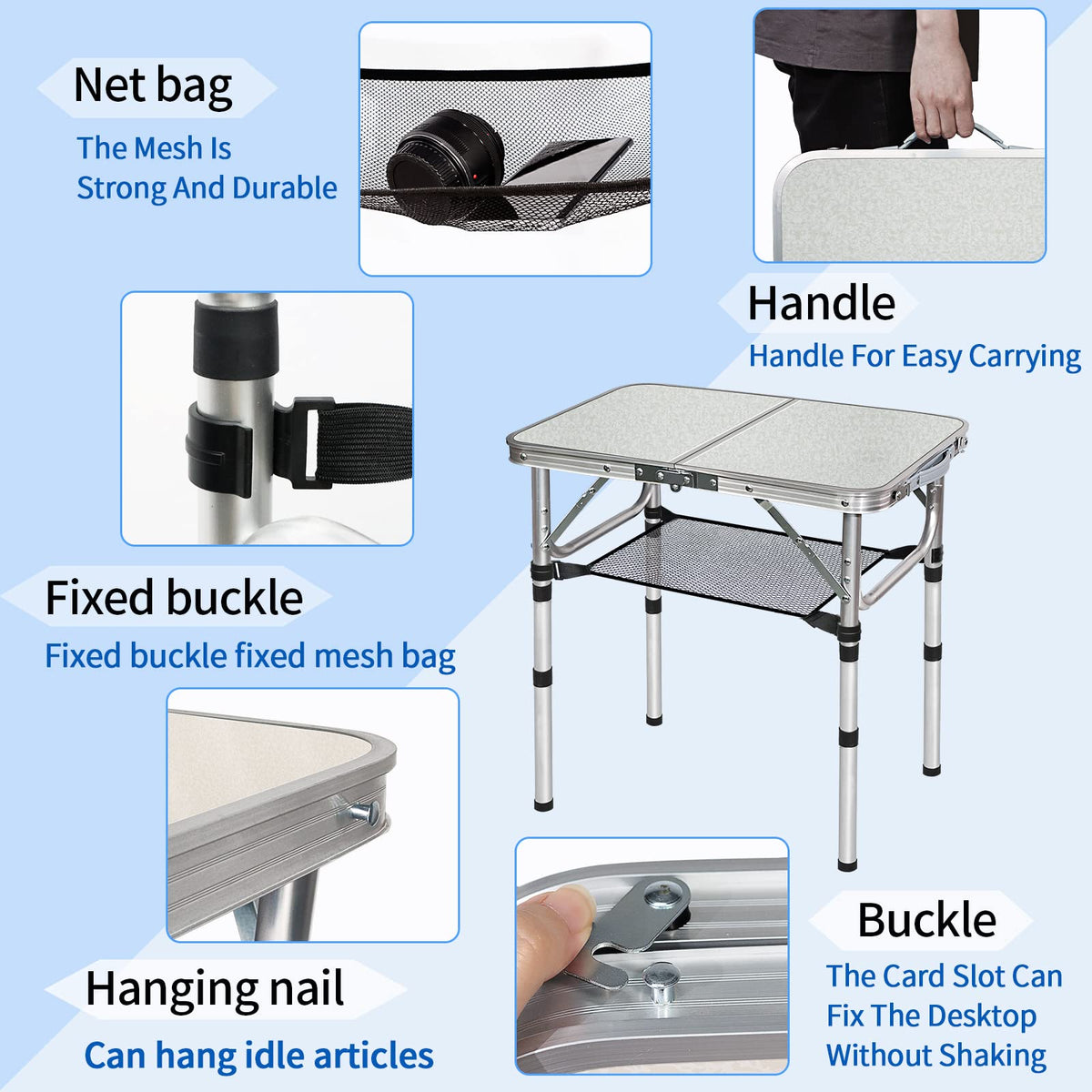 Small Folding Table with Storage Net, 24" x 16" Portable Foldable Camping Table with 3 Adjustable Height, White Metal