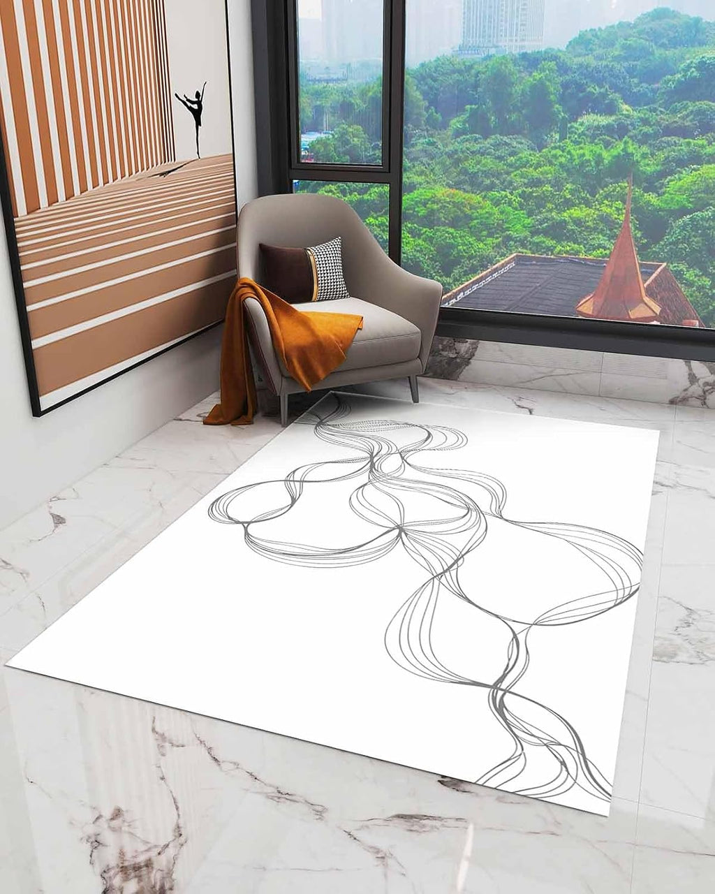 Abstract Minimalist Line on White Area Rug, Living Room & Bedroom Decor, Modern Art Plush Carpet 32x60in