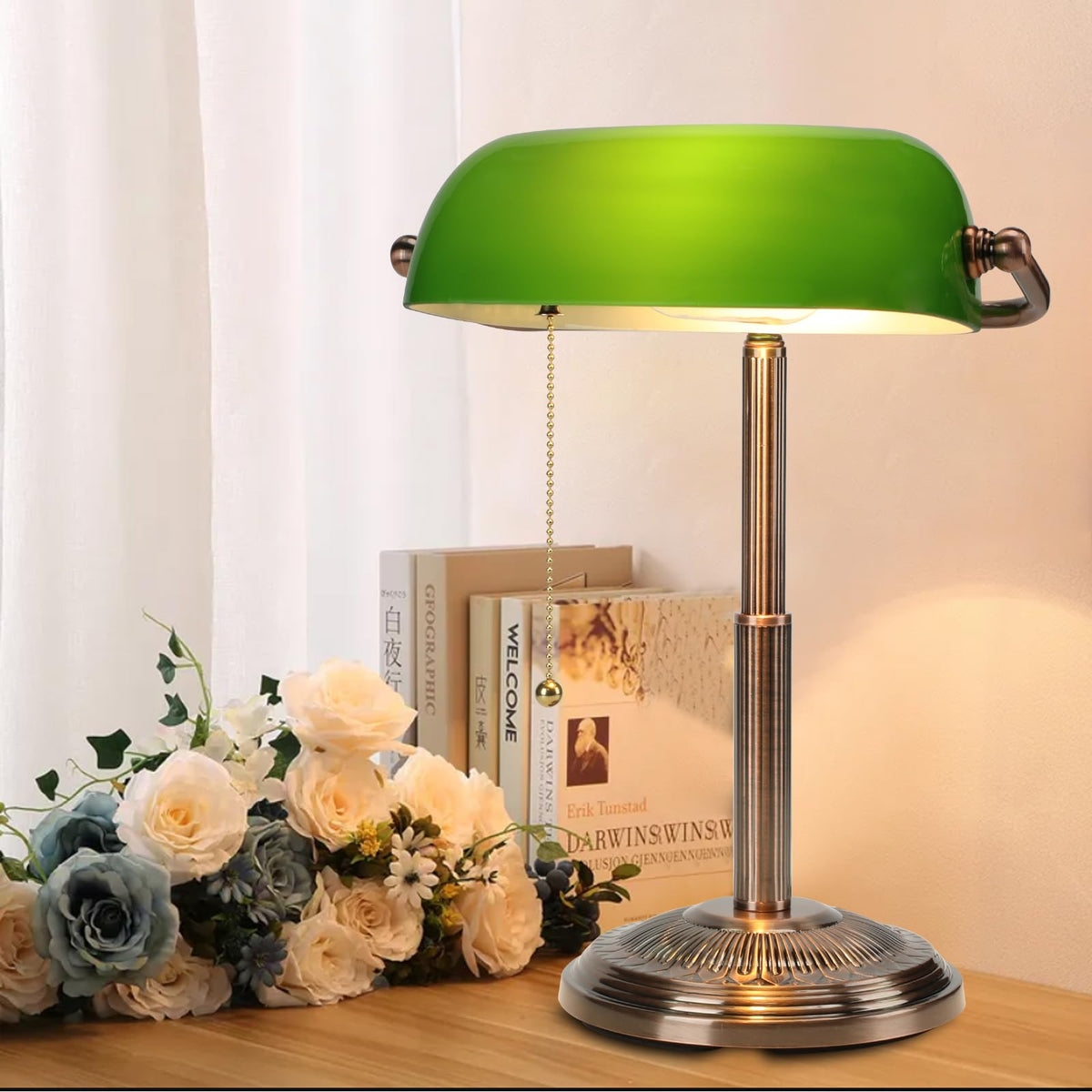 Bankers Desk Lamp, Pull Chain Switch (Copper+Green)