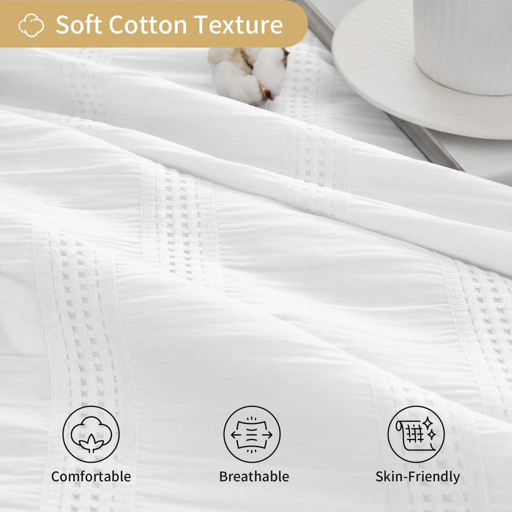 Extra Long White Shower Curtain Farmhouse, 72 x 84 Cotton Blend Waffle Tufted Striped Chic Textured Fabric Shower