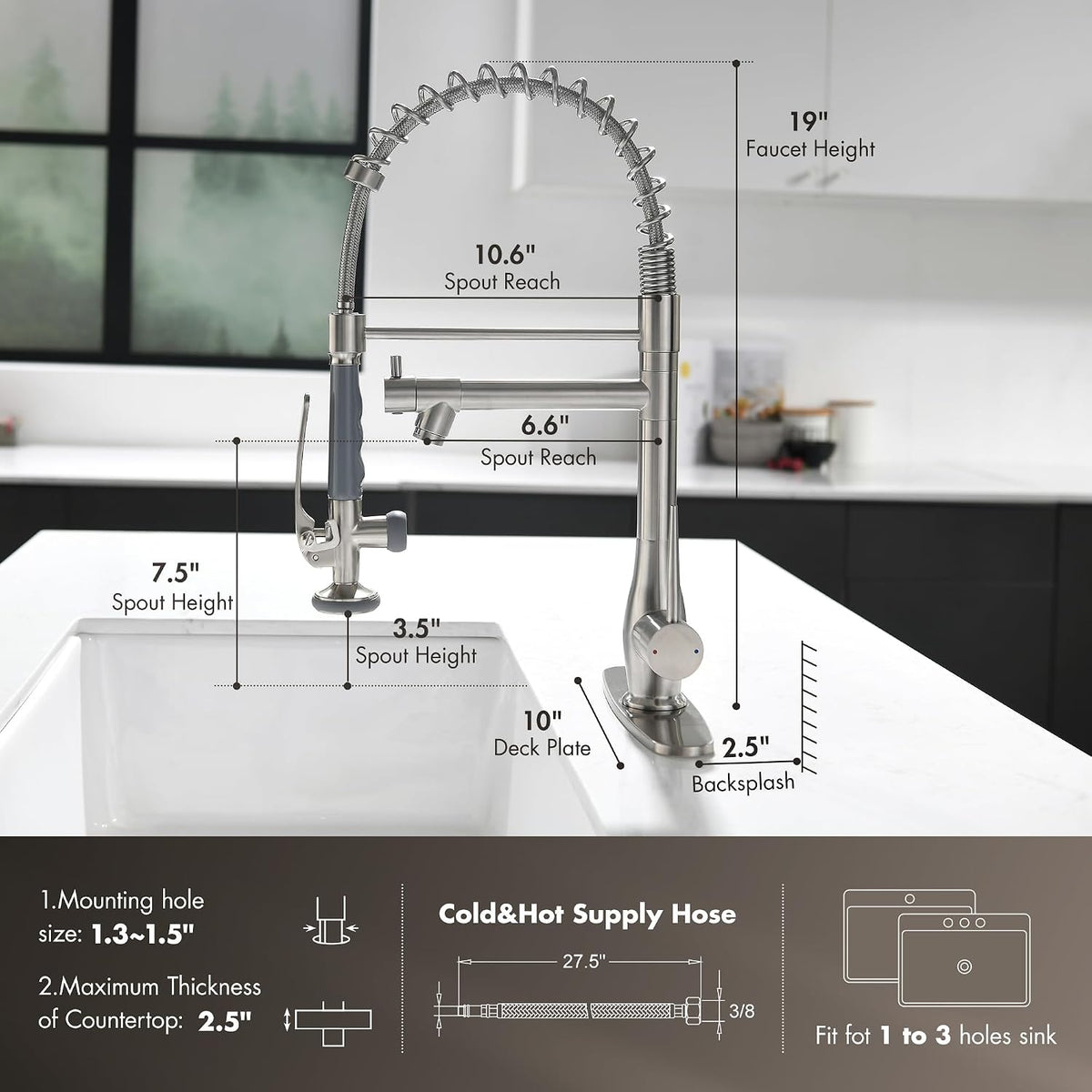 Commercial Kitchen Sink Faucet with Pull Down Sprayer Brushed Nickel | High Pressure Double Headed Spray, Stainless
