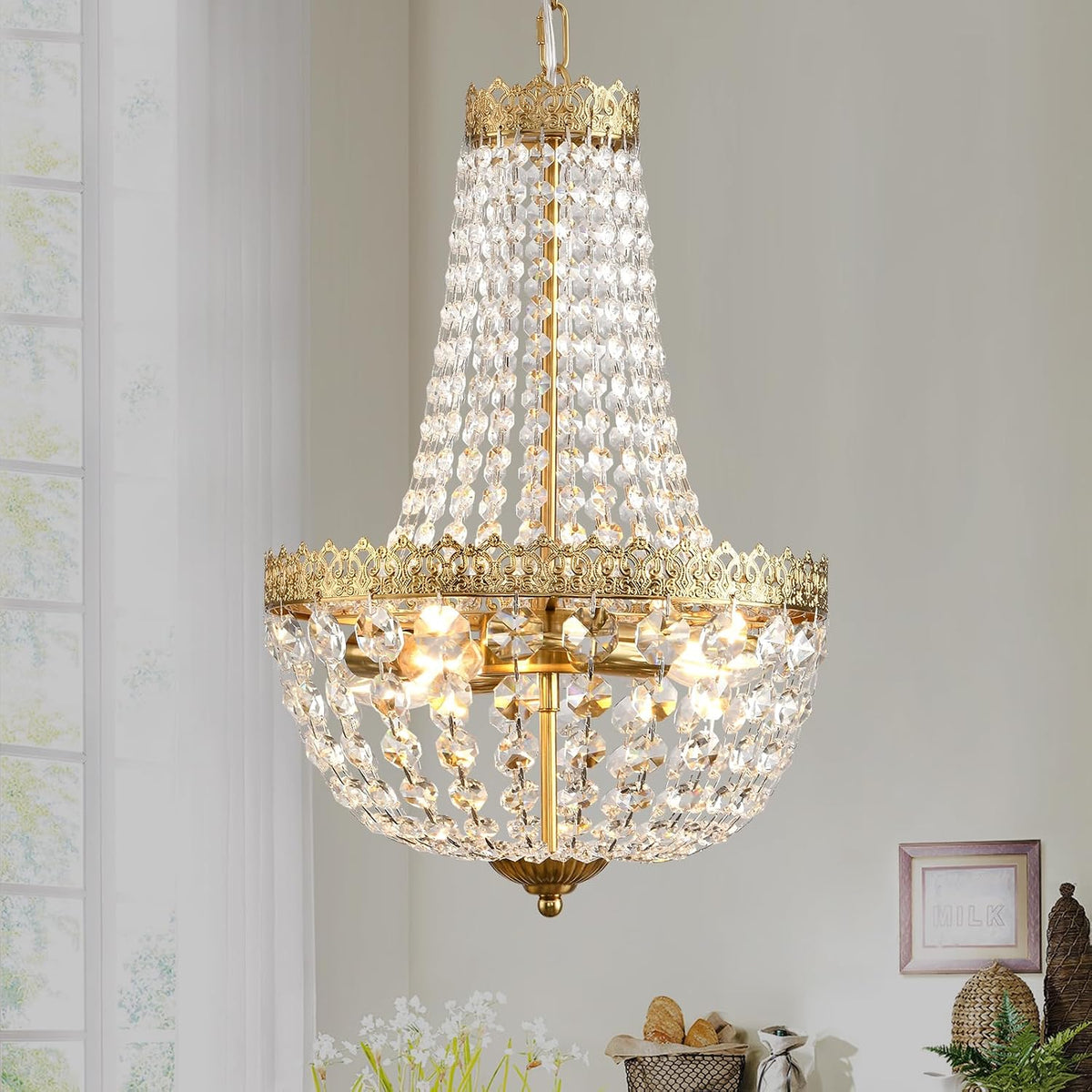 Mini French Empire Crystal Chandelier, 4-Light Compact Fixture for Hallways