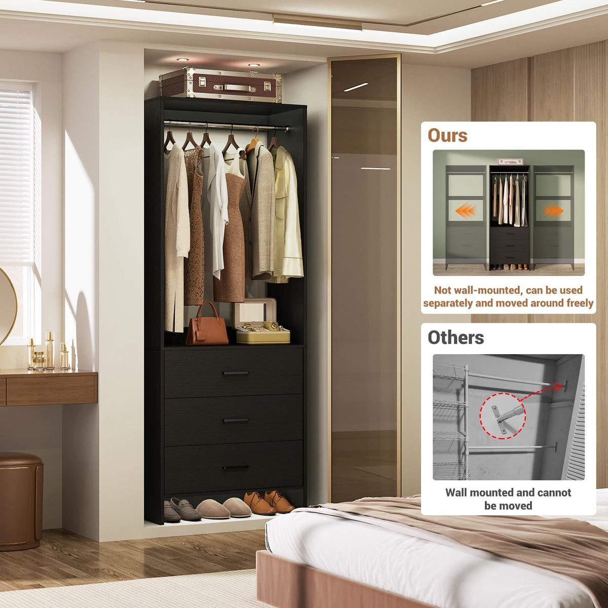 1.8FT Closet System with 3 Drawers, 21.5'' Closet Organizer, Black