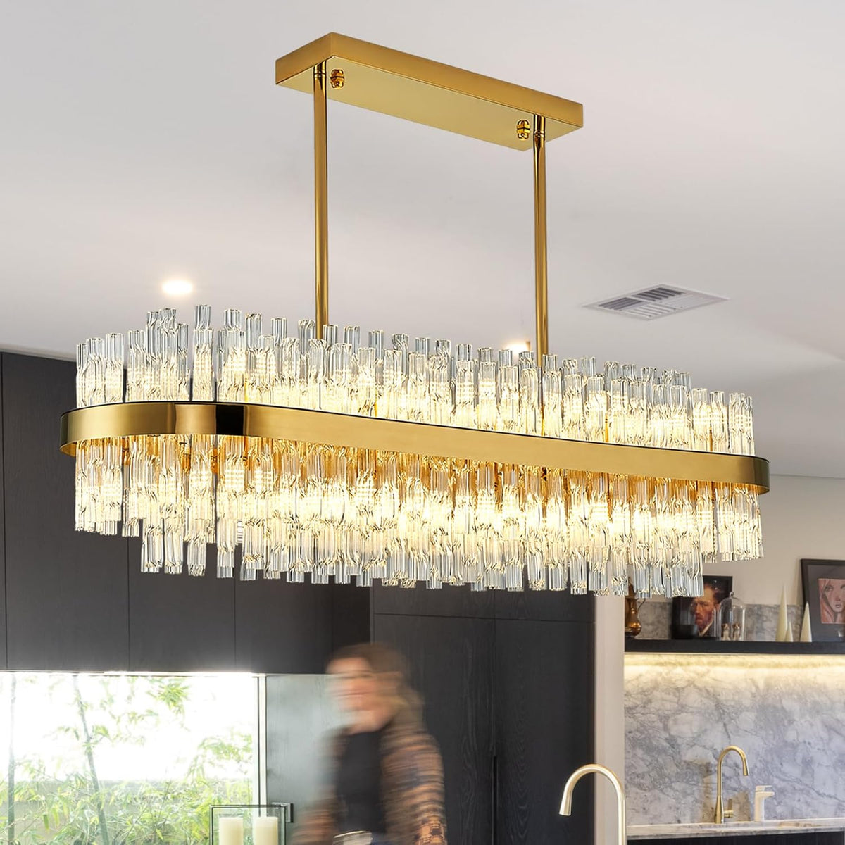Twenty-Light Gold Rectangular Modern Crystal Chandelier