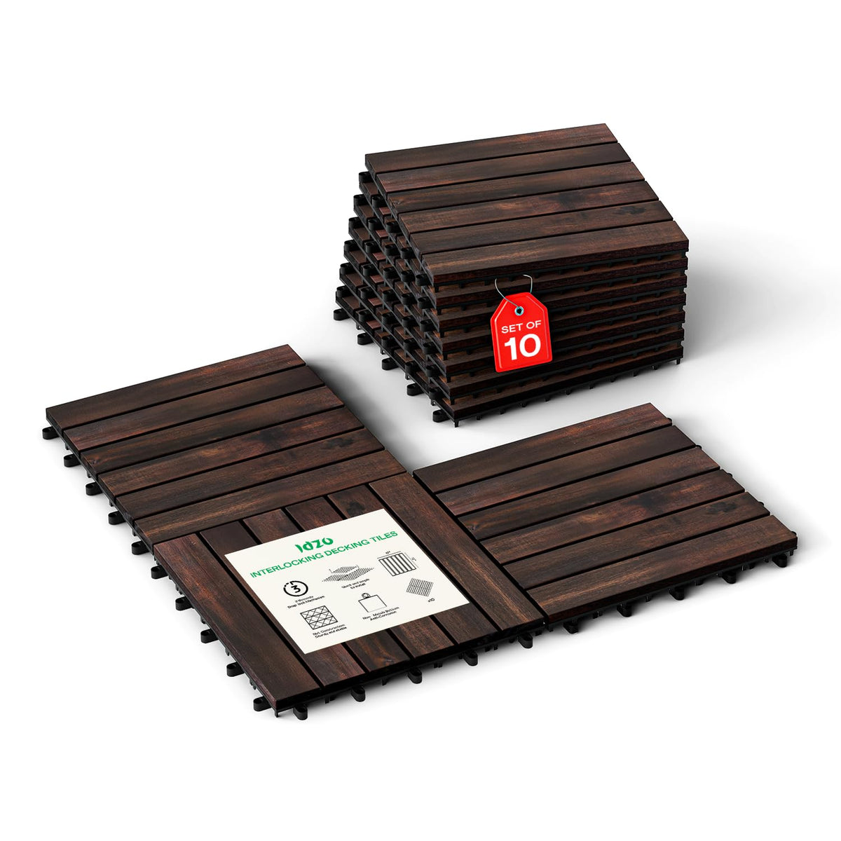 Interlocking Deck Tiles 9.6 SQFT - 10PCS Waterproof Acacia Wood Patio Tiles, Flooring Tiles for Indoor and Outdoor