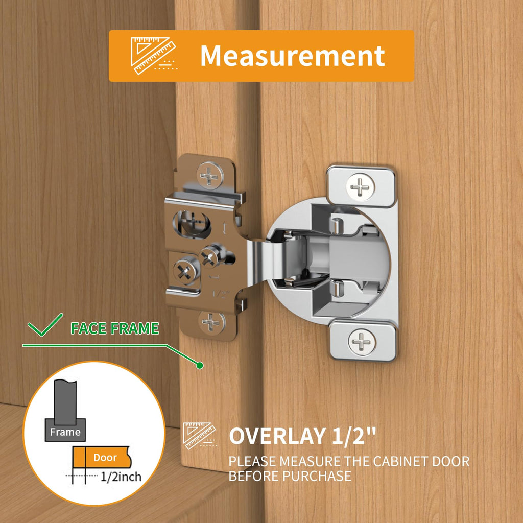 50 Pack Face Frame Cabinet Hinges, 1/2" Overlay, Soft Close, 105°
