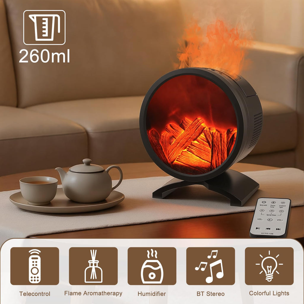 Fireplace Flame Oil Diffuser with Speaker & 260mL Fire Oil Diffuser, Essential Oil Diffuser 5 Color Fire Aroma