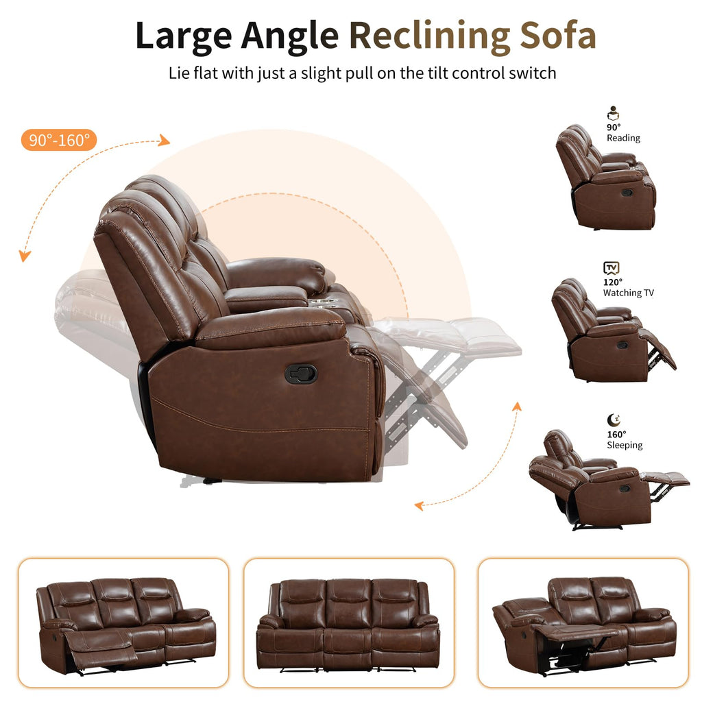 Genuine Leather Manual Recliner Sofa Furniture Set, Included Single Recliner Chair and 3 Seat Sofa, Modern Durable