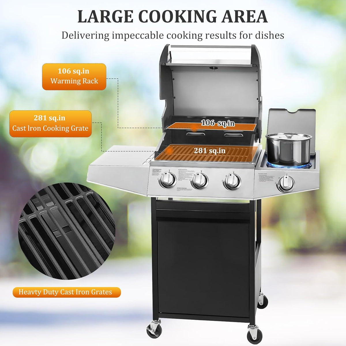 6-Burner Propane Gas Grill with Side Burner, 72,000 BTU BBQ Grill with Porcelain-Enameled Cast Iron Grates, Built-In Thermometer and Oil Tray for Outdoor Patio