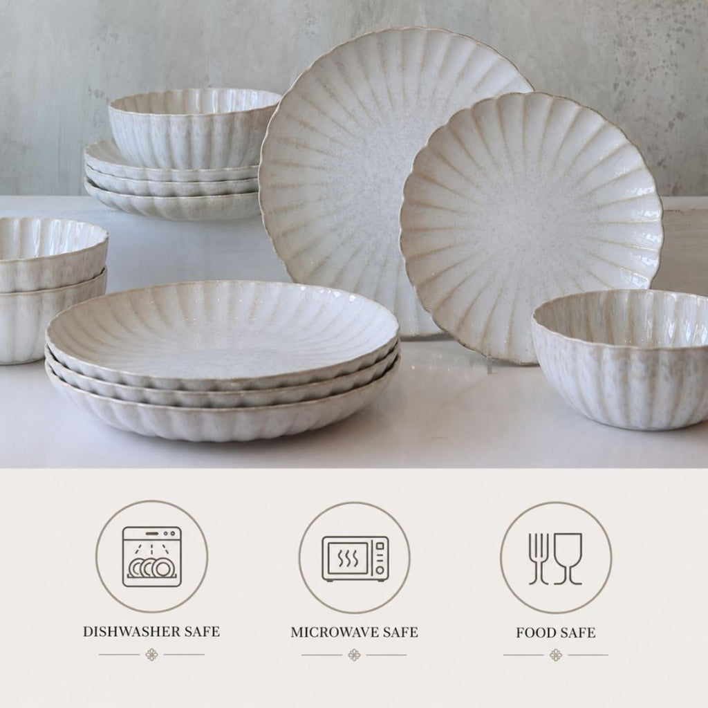 Ceramica Kea 12 Piece Stoneware Dinnerware Set for 4, Reactive Glaze Plates and Bowls Set, Modern Neutral Tone