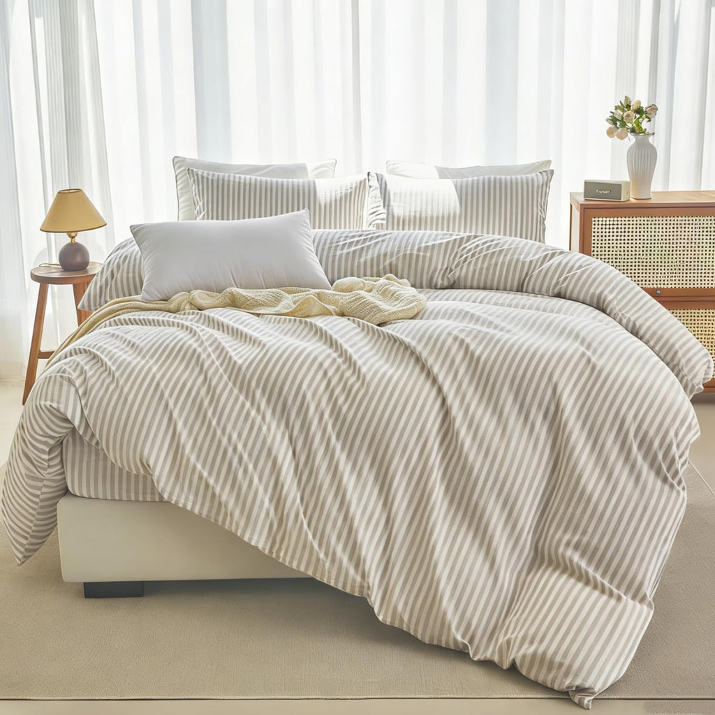 Striped Duvet Cover Set 100% Washed Cotton Linen Feel Natural Wrinkles Lightweight Comfy (, Linen Grey White