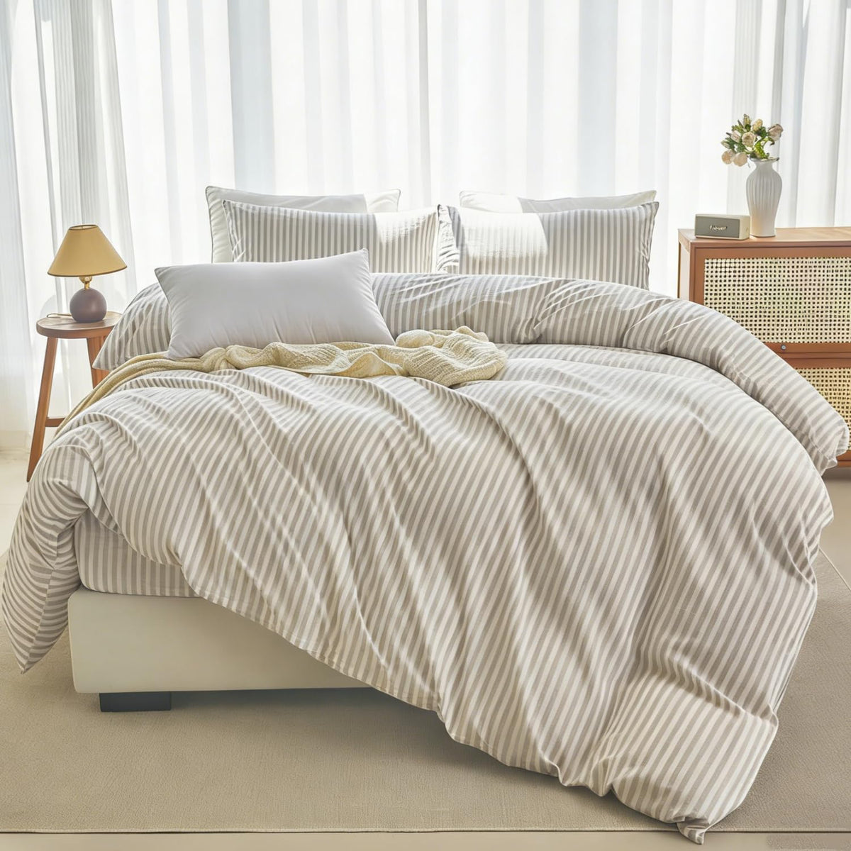 Striped Duvet Cover Set 100% Washed Cotton Linen Feel Natural Wrinkles Lightweight Comfy (, Linen Grey White