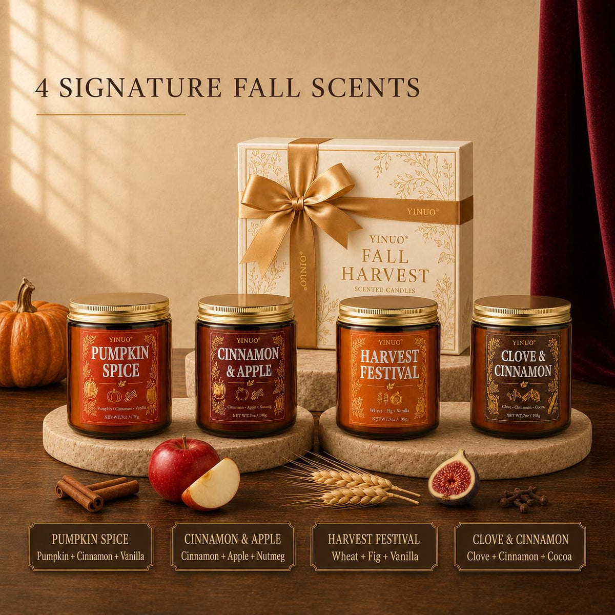 Fall Scented Candles Gift Set, 4 Pack Soy Coconut Wax Pumpkin Candle Set
