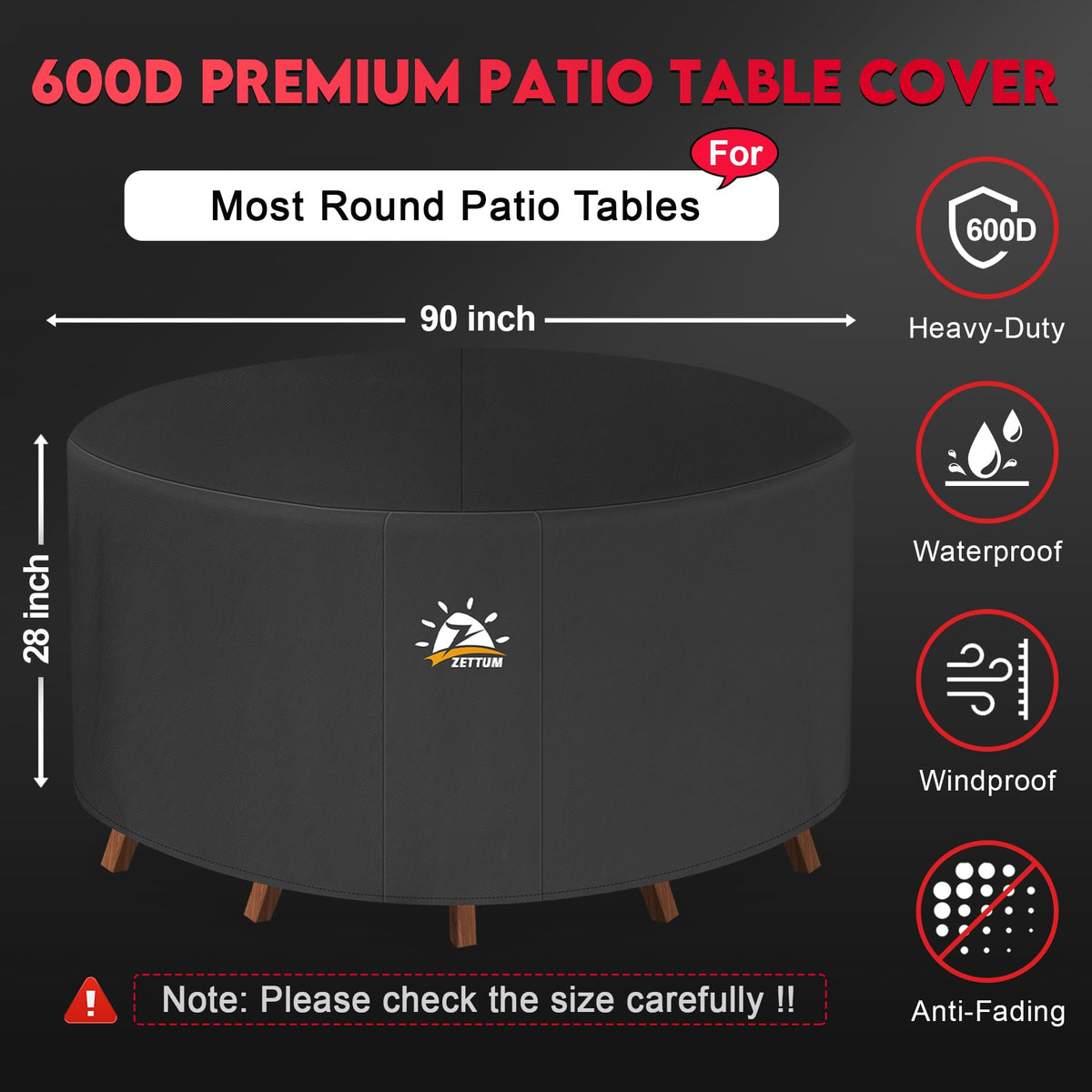 Round Patio Table Cover 90 Inch - 600D Outdoor Furniture Cover Round Waterproof & Heavy Duty, Large Lawn Furniture